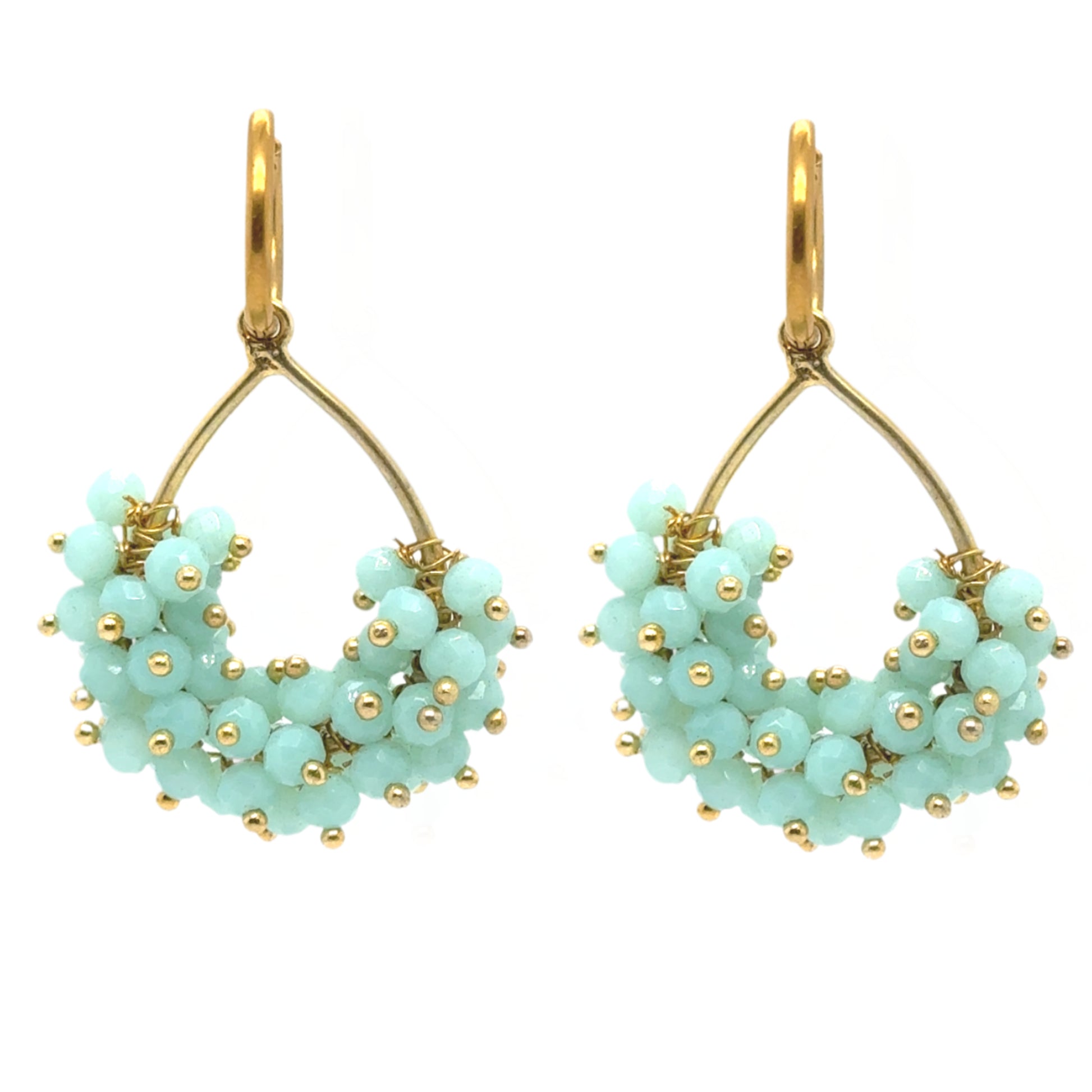 Dangling hoop earrings with small Aqua Hydro Quartz gemstone beads in teardrop shape