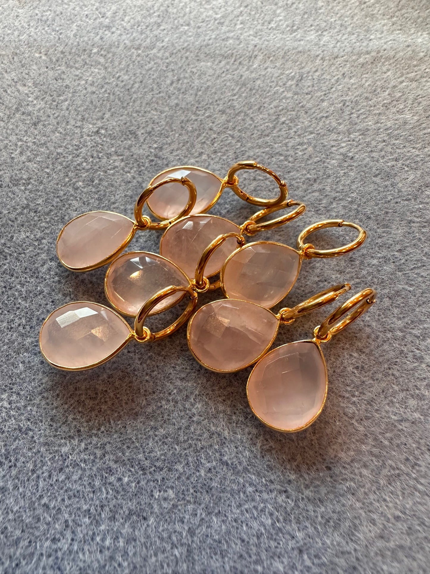 gold hoop earrings with beautiful Rose Quartz semi-precious gemstone teardrop charms