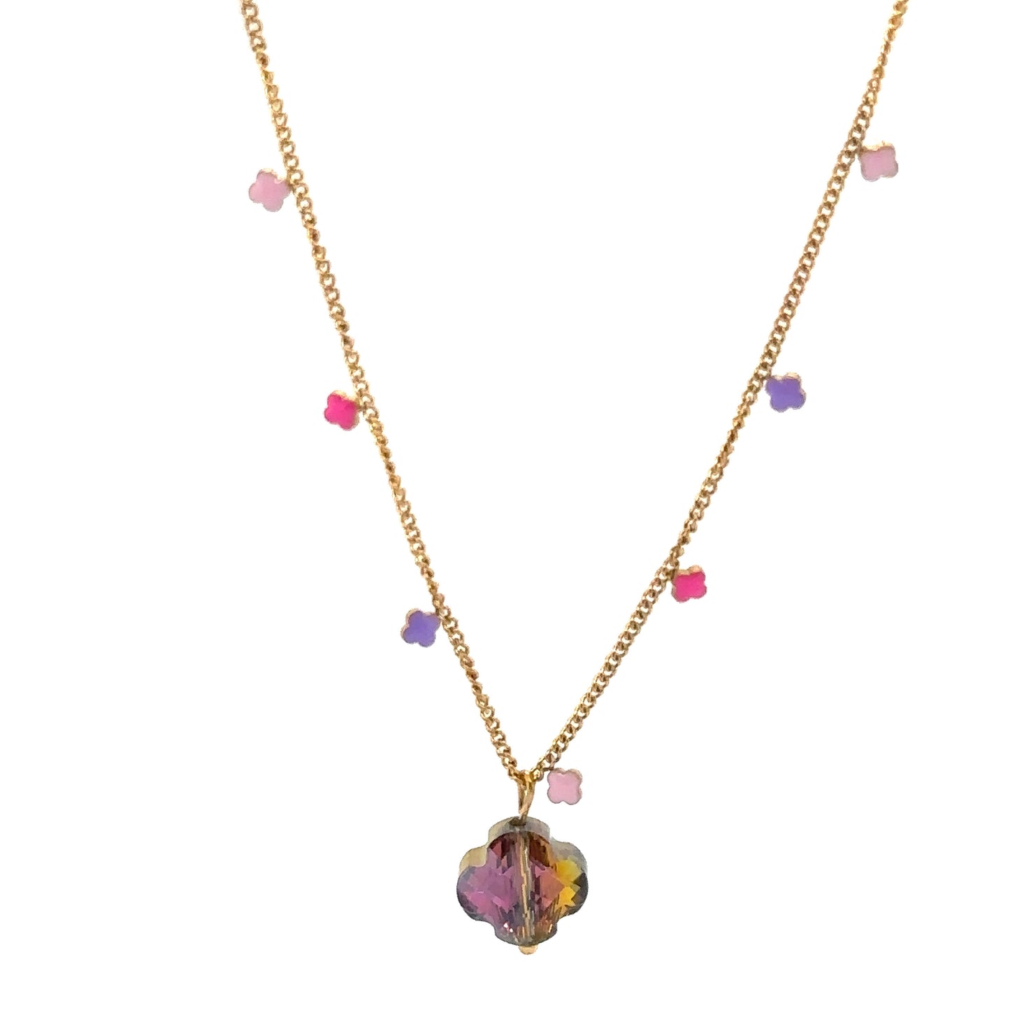 Delicate gold chain necklace with 5 enamel clovers in pink/purple and one clover charm which is gold on one side and purple on the other