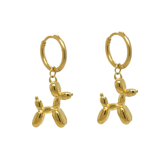 Delicate gold hoop earrings with adorable Jeff Koons balloon dog charms