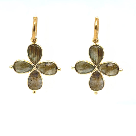 Lovely gold hoop earrings with four Labradorite gemstone petal flower charms