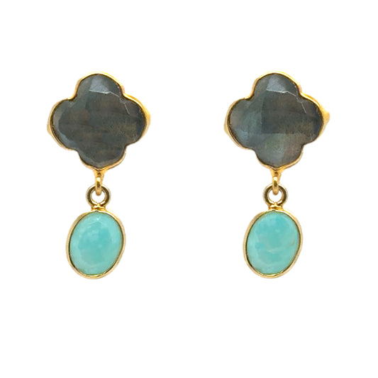 Clover shaped Labradorite semi-precious gemstone studs with oval Amazonite dangling charms