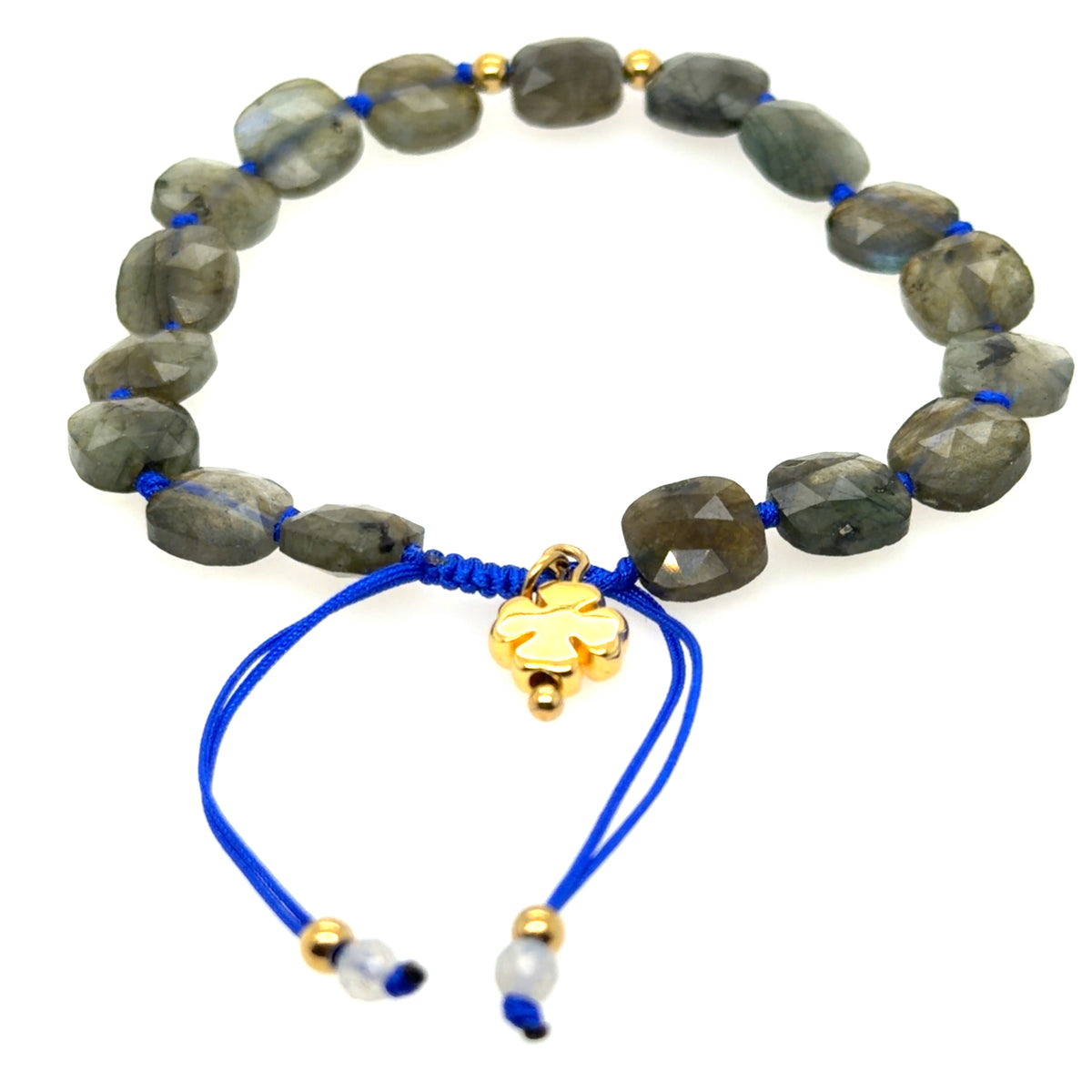 Lovely bracelet with Labrodorite gemstone square beads on a blue string.