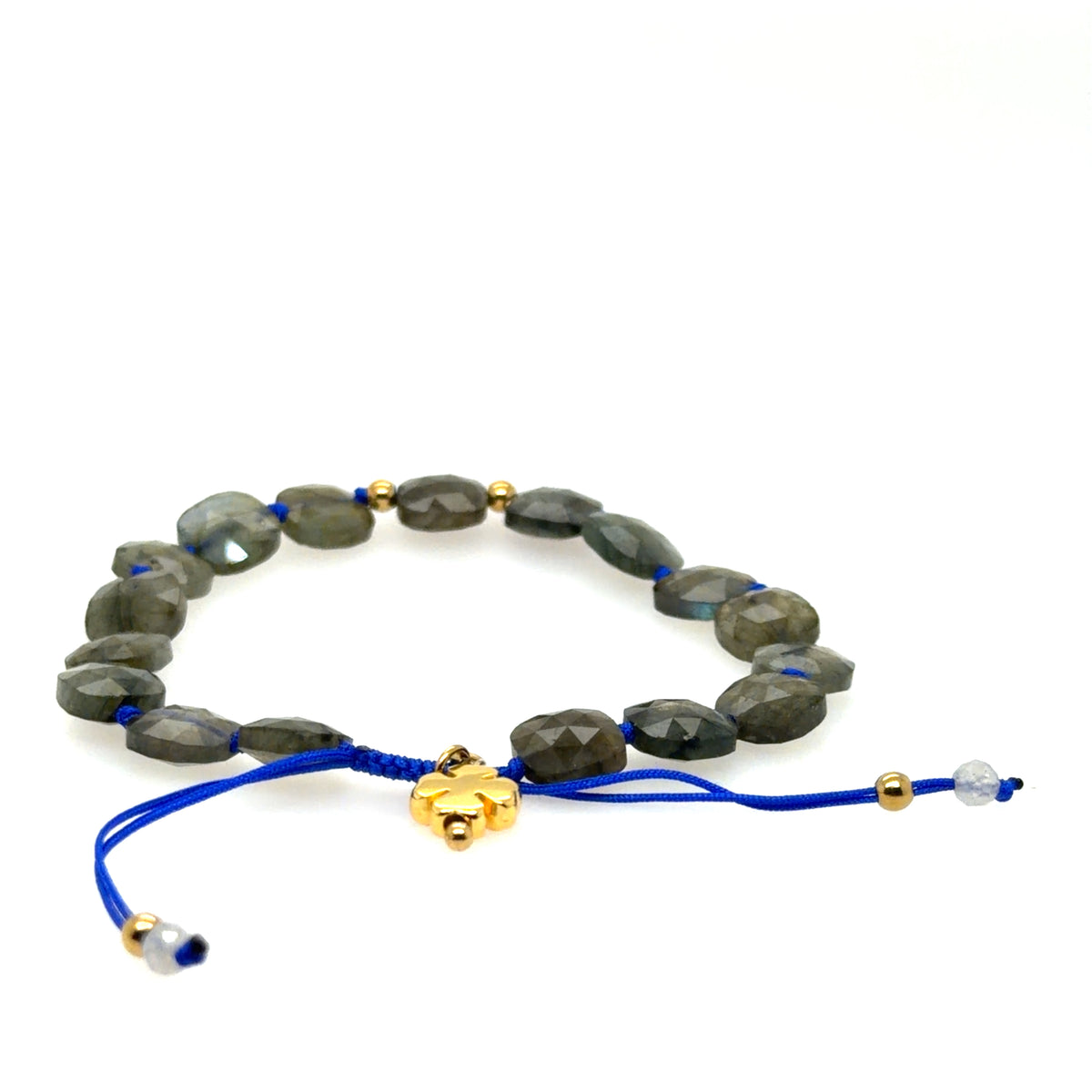 Lovely bracelet with Labrodorite gemstone square beads on a blue string and small gold clover for luck