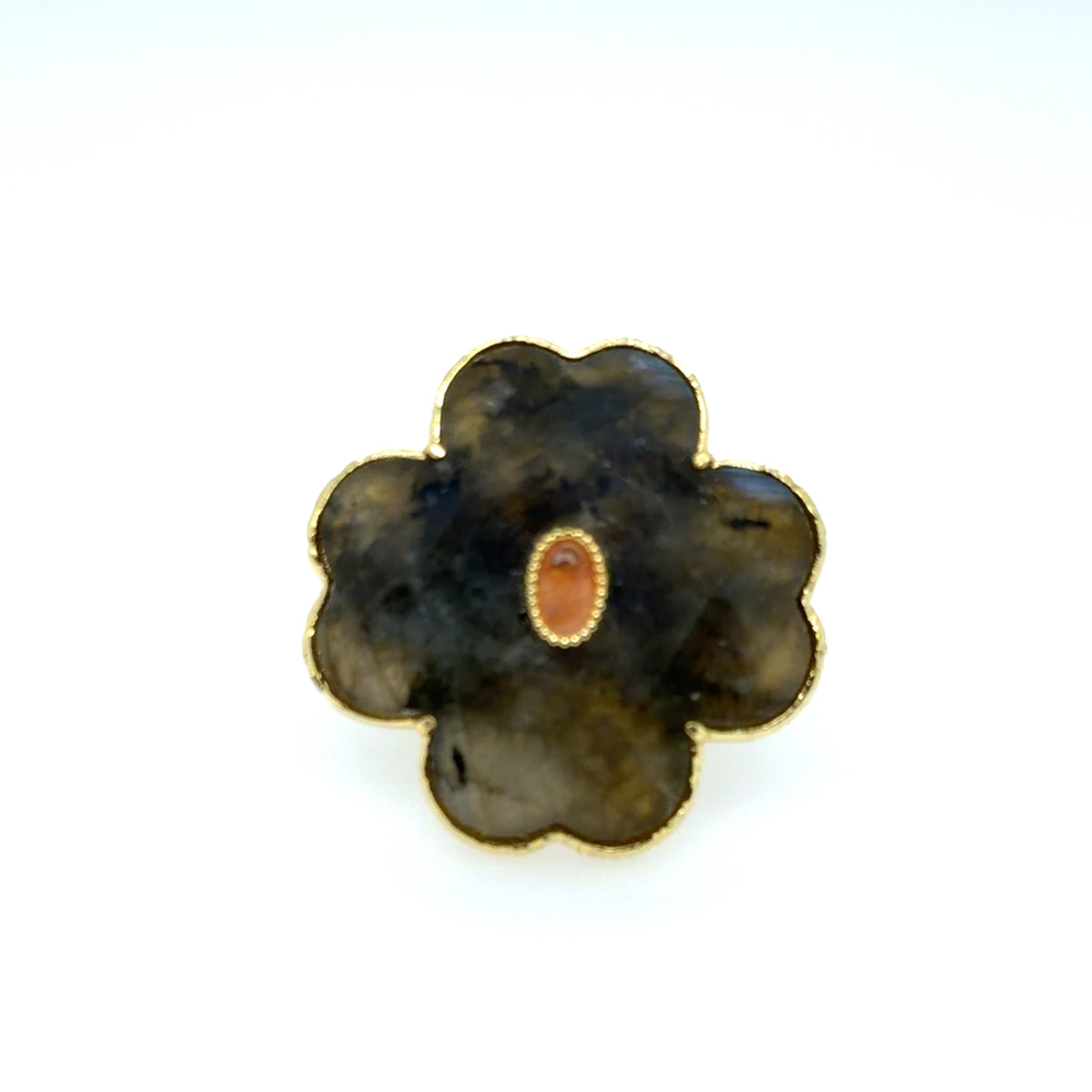 Gorgeous statement ring with a Labradorite Clover and Pink Tourmaline oval centre