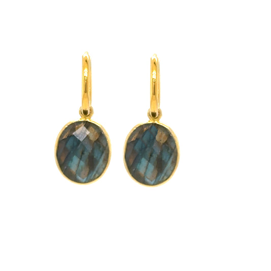gold hoop earrings with gorgeous Labradorite semi-precious gemstone oval charms