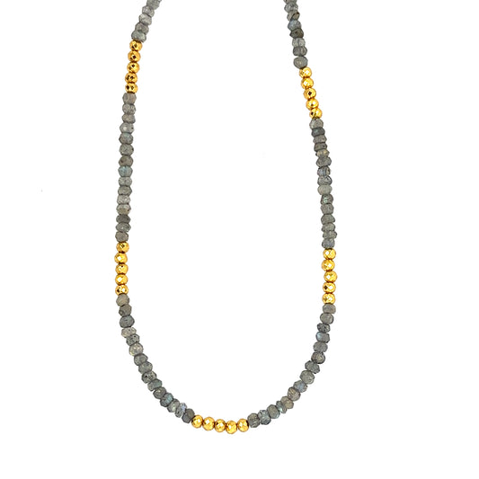 Necklace with iridescent labradorite and golden pyrite beads all around