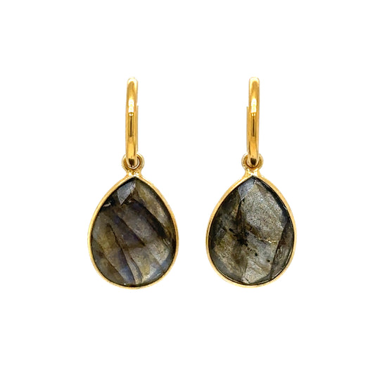 gold hoop earrings with Labradorite gemstone teardrop charms
