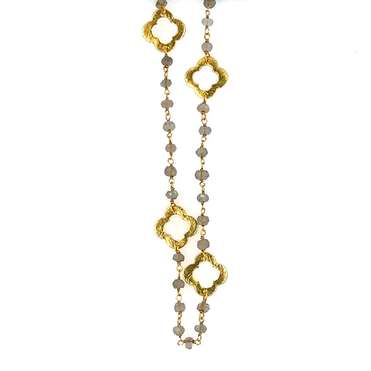 Iridescent Labradorite gemstone rosary chain with flat gold clover charms in a smaller size