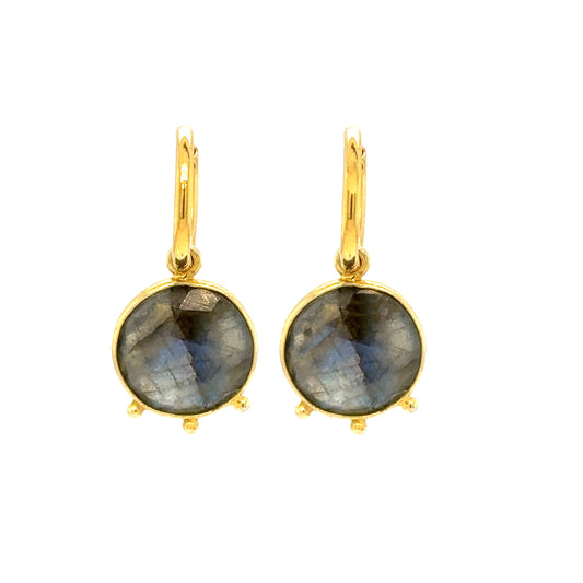 gold hoop earrings with gorgeous Labradorite semi-precious gemstone round charms