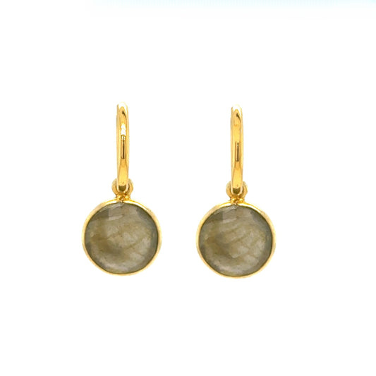 gold hoop earrings with small round Labradorite semi-precious gemstone charms
