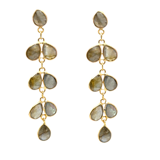 Lovely gold earrings with 8 small teardrop shaped Labradorite gemstone charms
