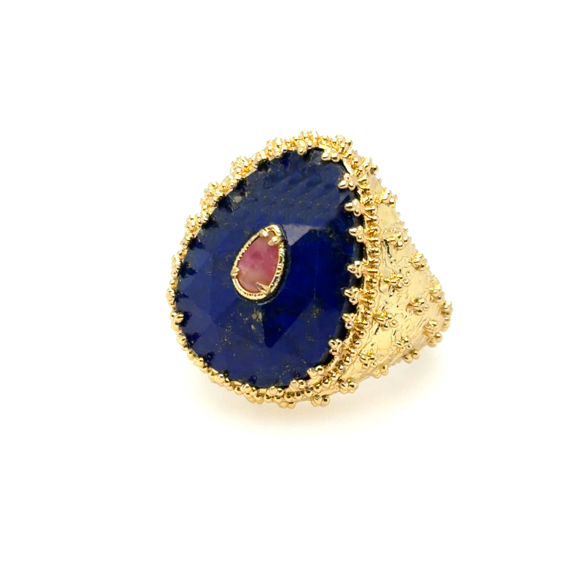 Gorgeous chunky gold ring with big Lapis Lazuli teardrop stone and small Pink Tourmaline teardrop on top. 