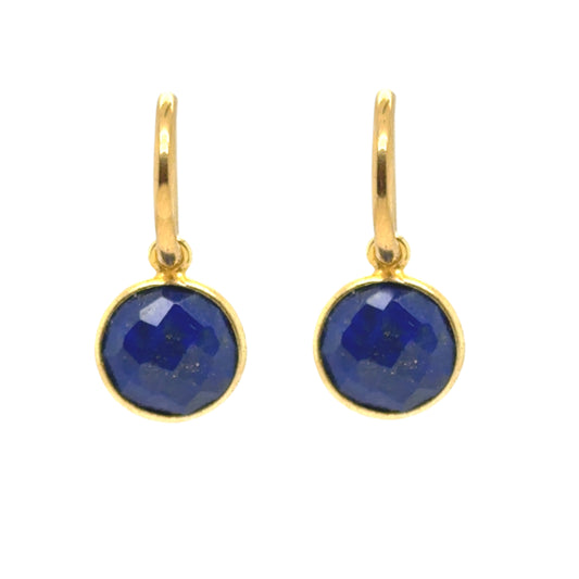 Ggold hoop earrings with Lapis Lazuli gemstone round charms