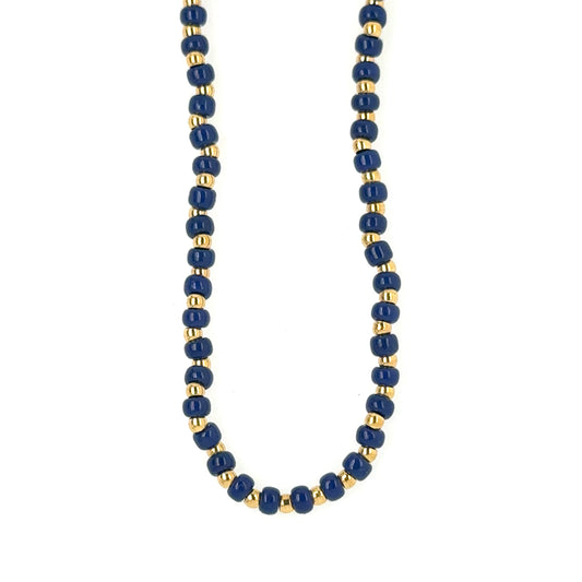 Necklace with round blue and gold beads