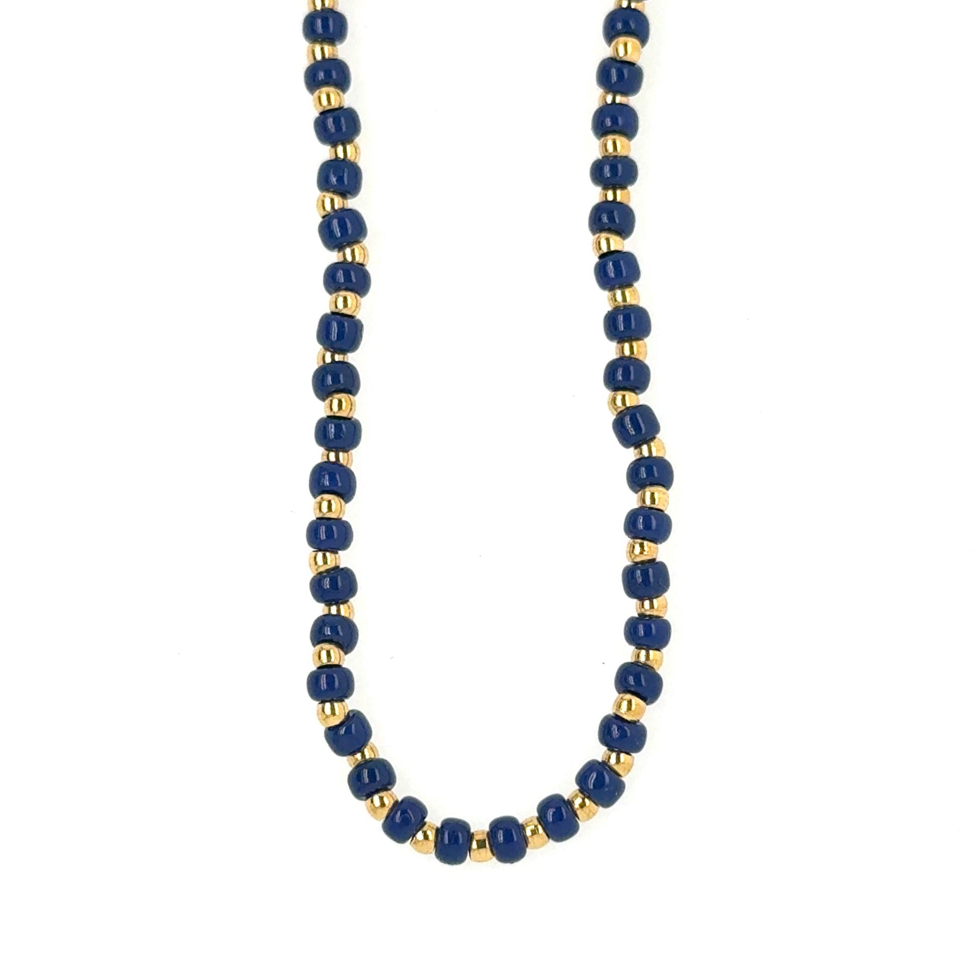Necklace with round blue and gold beads