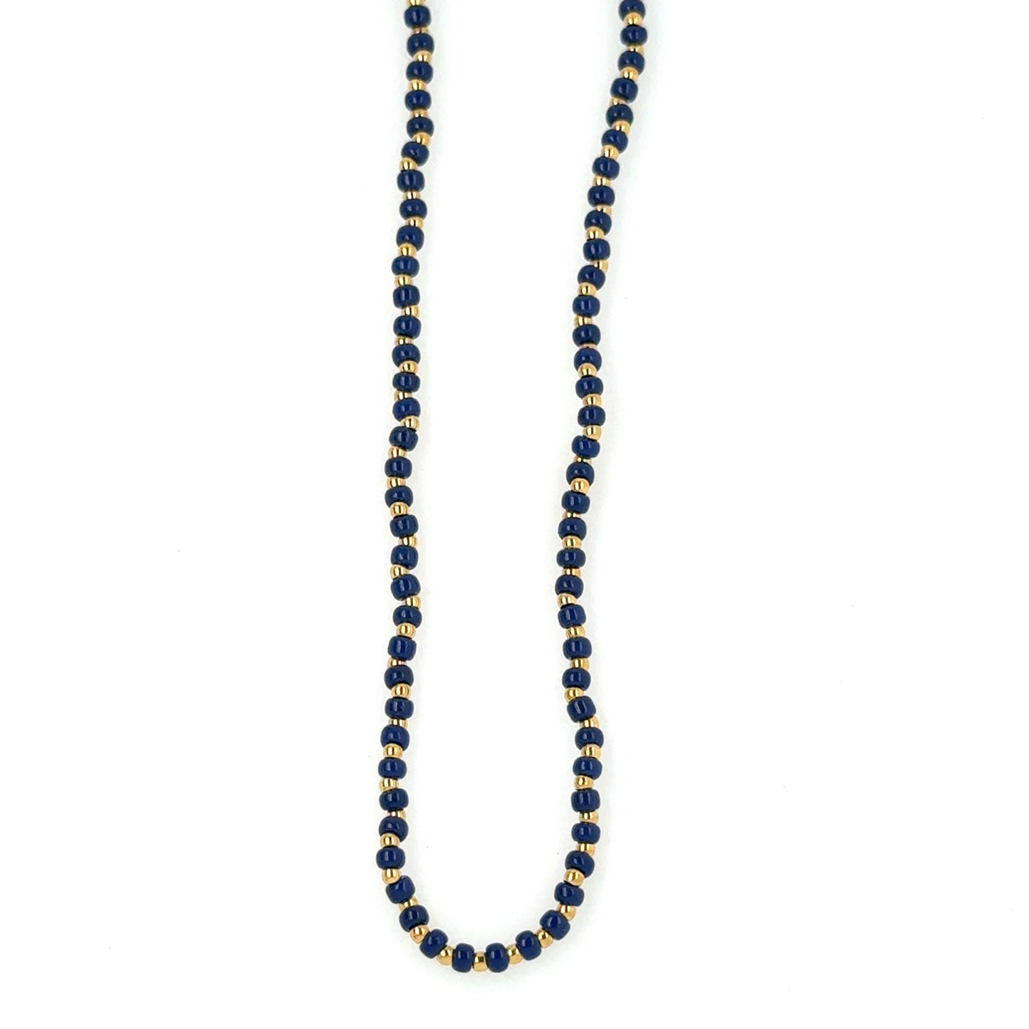Navy blue and gold beaded necklace with gold accents on a white background