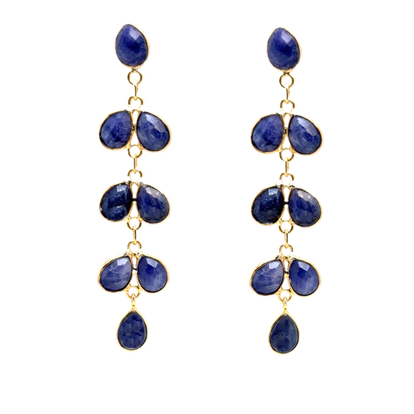 gold earrings with 8 small teardrop shaped Lapis Lazuli gemstone charms