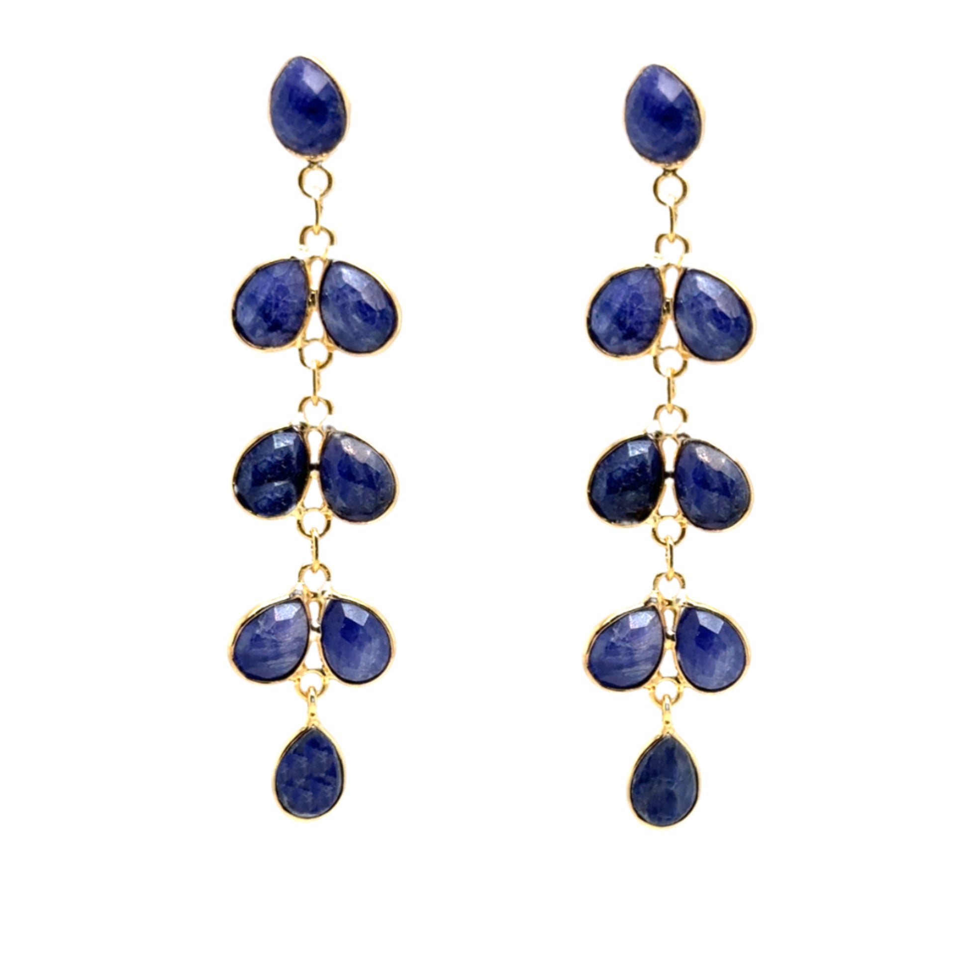 gold earrings with 8 small teardrop shaped Lapis Lazuli gemstone charms