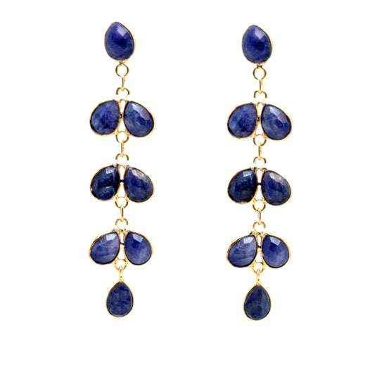 gold earrings with 8 small teardrop shaped Lapis Lazuli gemstone charms