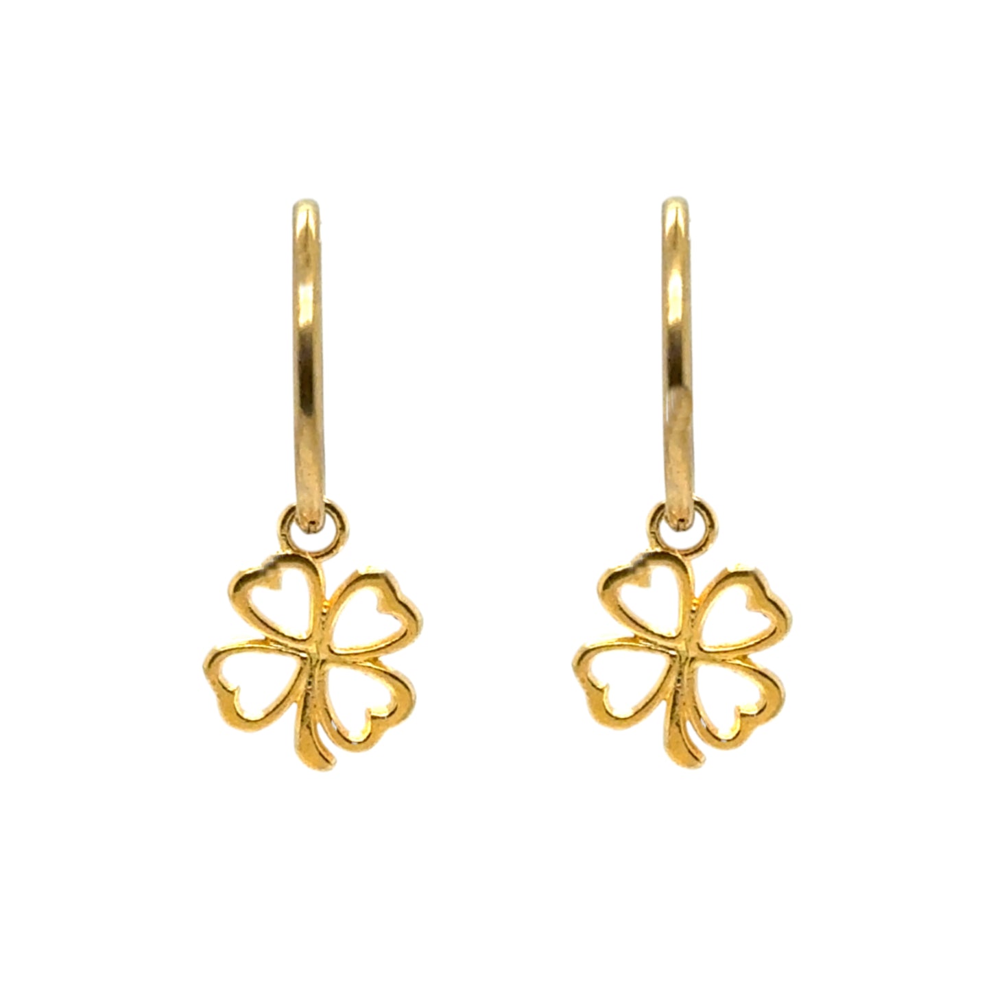 Delicate medium sized gold hoops with clover outline gold charms