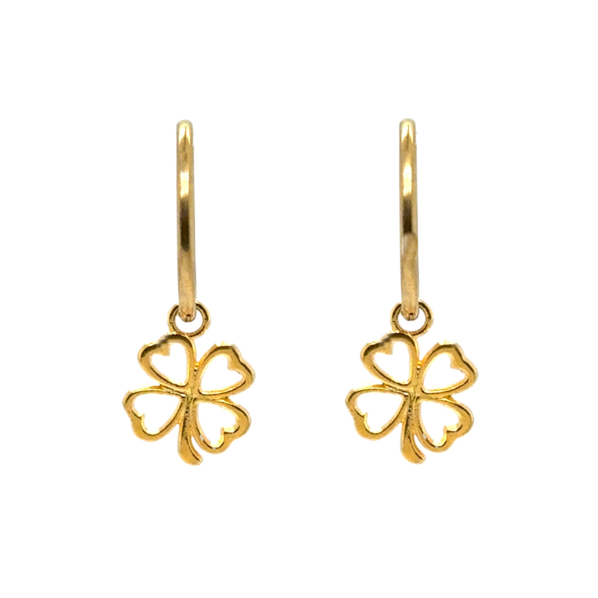 Delicate medium sized gold hoops with clover outline gold charms