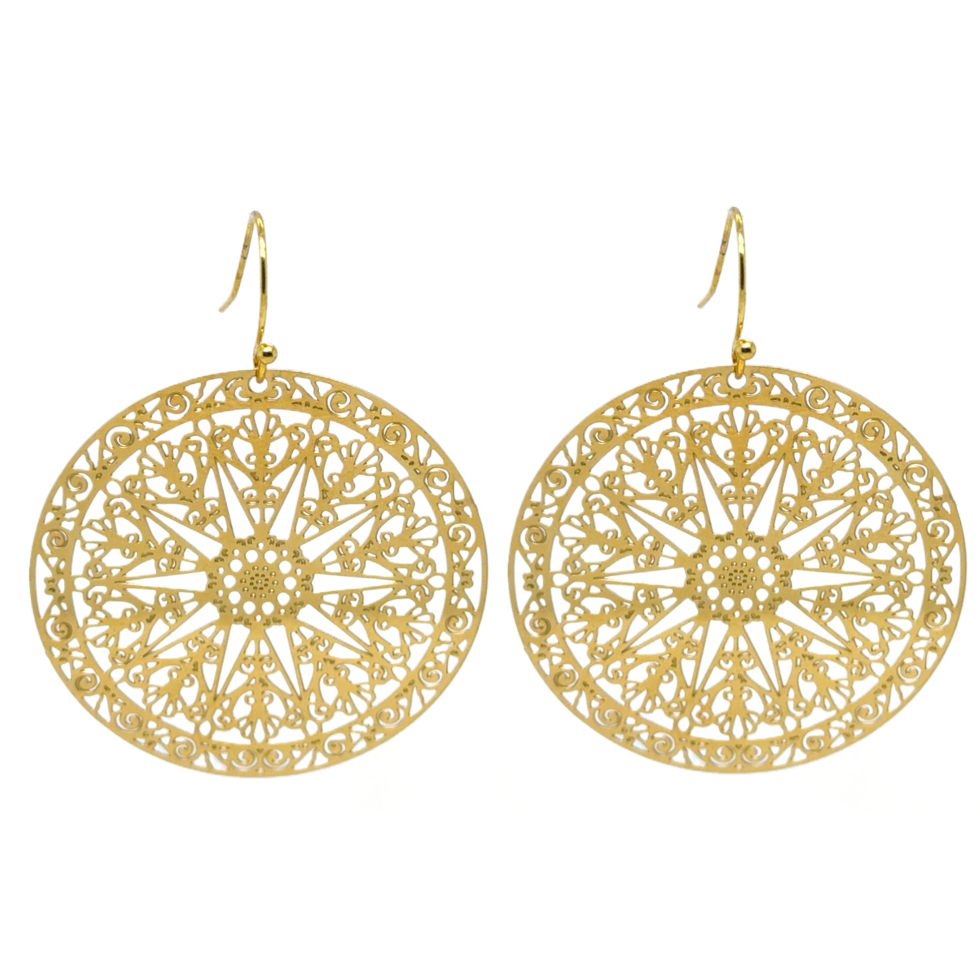 These large bohemian patterned gold round earrings are light and shimmery. They are made with 14 karat gold filled hooks that stay secure behind your ear with a rubber stopper.