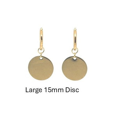 Delicate gold hoop earrings with shiny round disc gold charms that are large 15mm