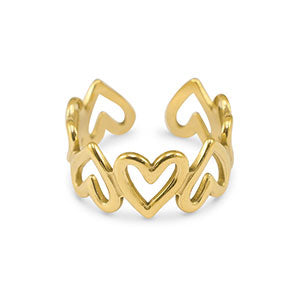 Gold adjustable ring with heart outline design all around