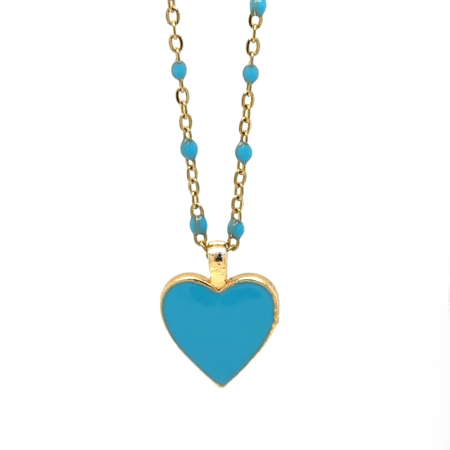 Pretty blue enamel rosary gold chain with one light blue enamel heart charm