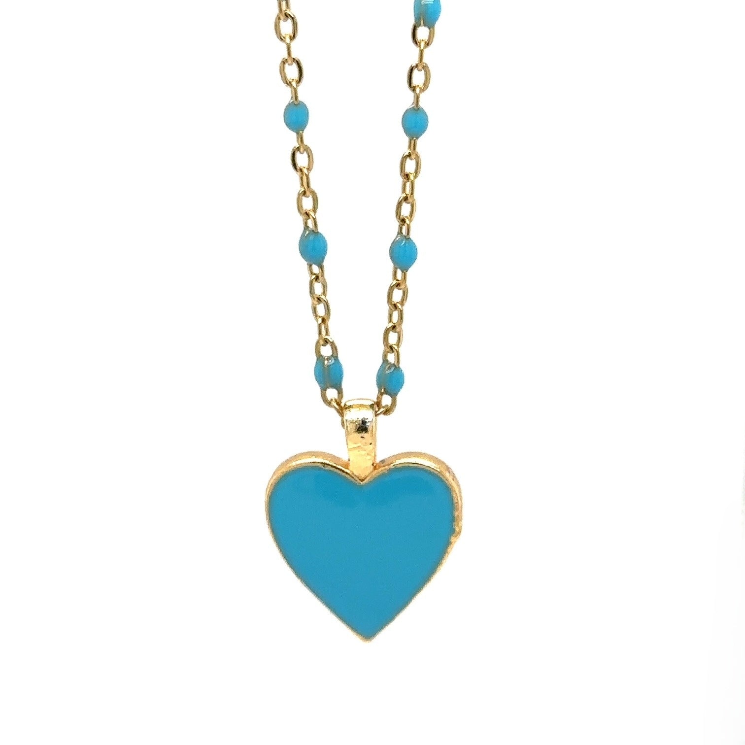 Pretty blue enamel rosary gold chain with one light blue enamel heart charm