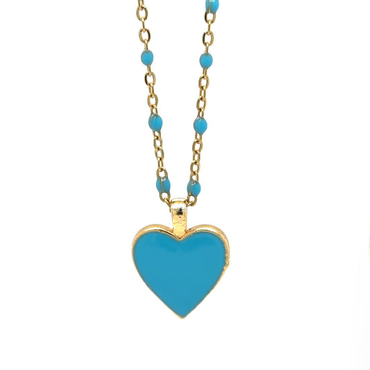 Pretty blue enamel rosary gold chain with one light blue enamel heart charm