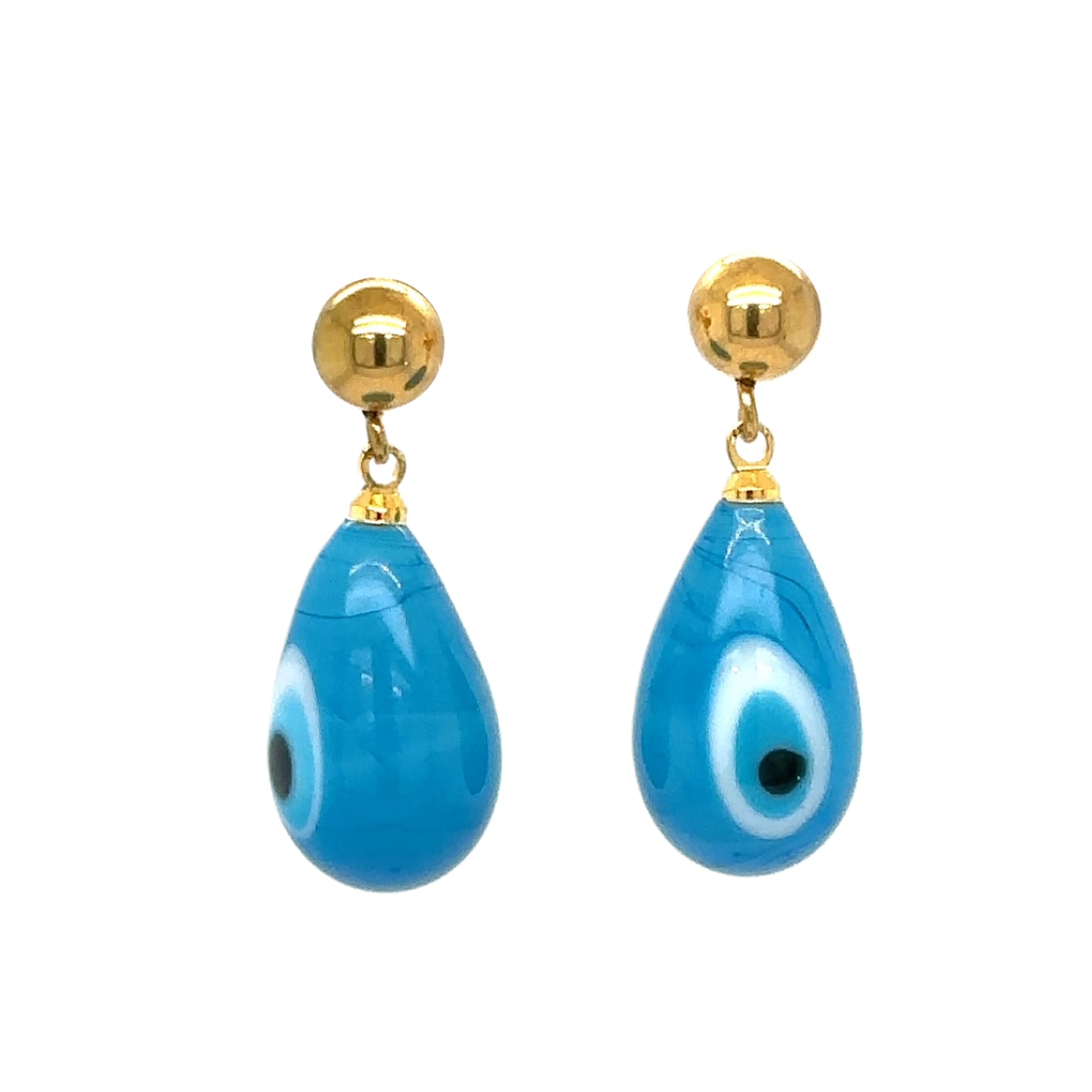 Gold stud earrings with evil eye glass charms in light blue