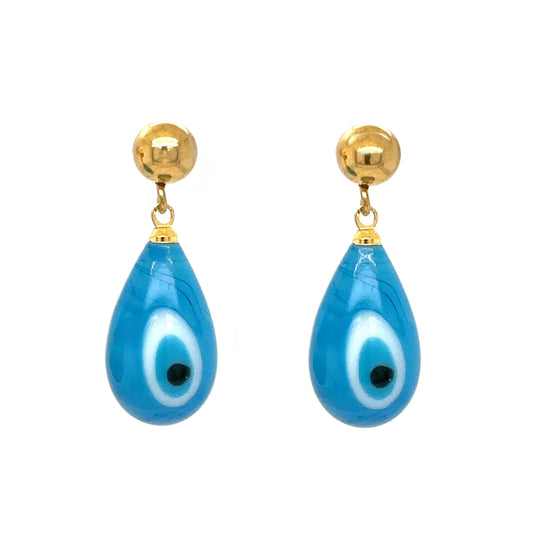 Gold stud earrings with evil eye glass charm in light blue