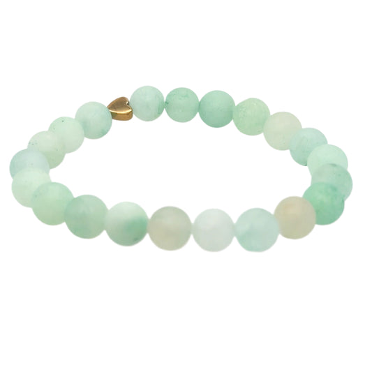 This bracelet is made with 8mm light green quartz stones and a small Hematite heart bead on a strong stretchy elastic. It is light and feels cool on the skin!