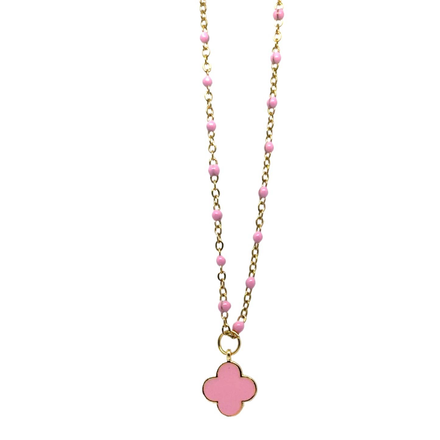 Pink rosary chain with  pink clover charm.
