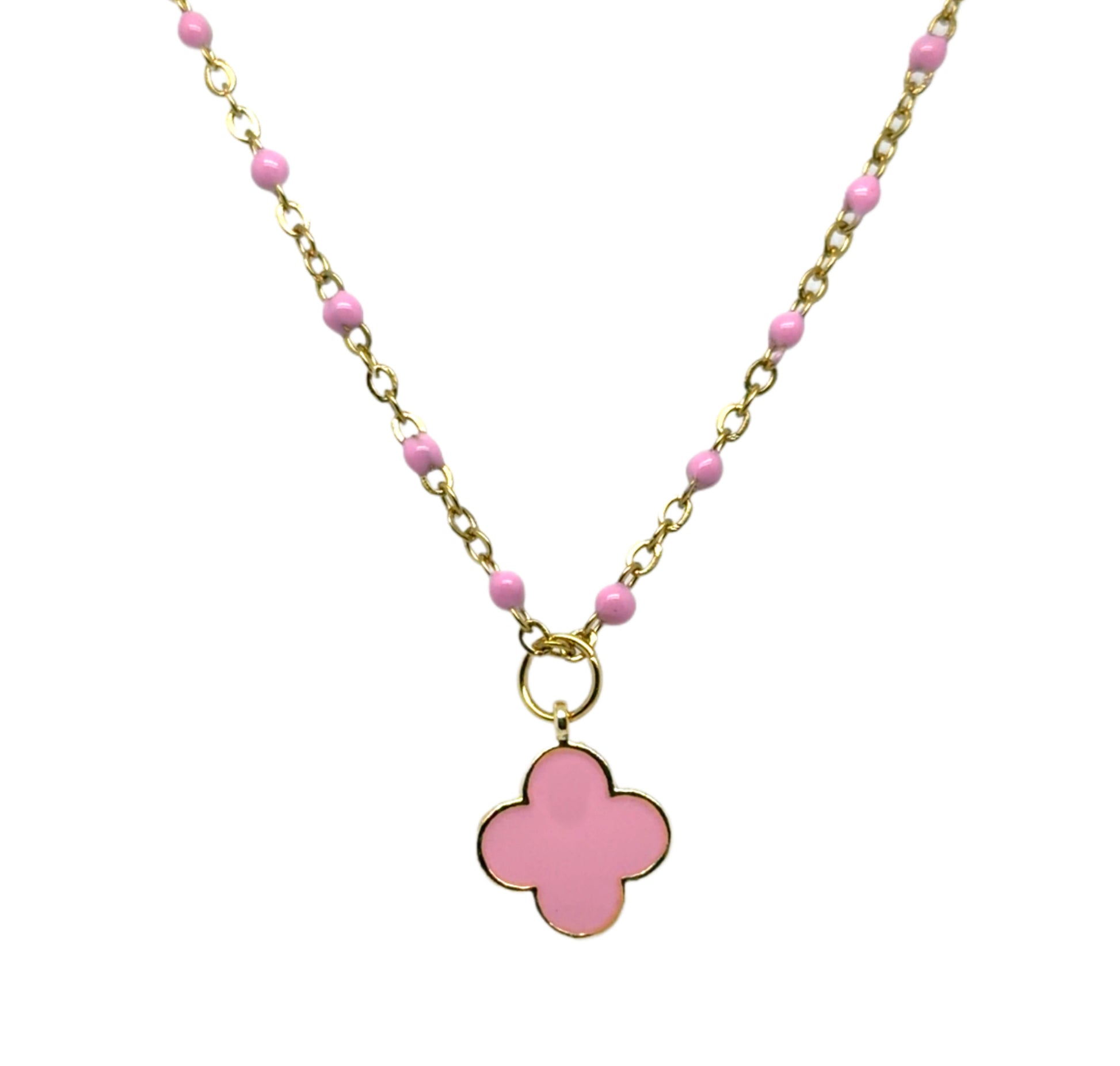 Pretty light pink enamel and gold rosary chain with a dangling pink enamel clover charm.