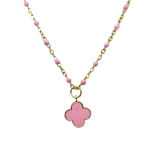 Pretty light pink enamel and gold rosary chain with a dangling pink enamel clover charm.