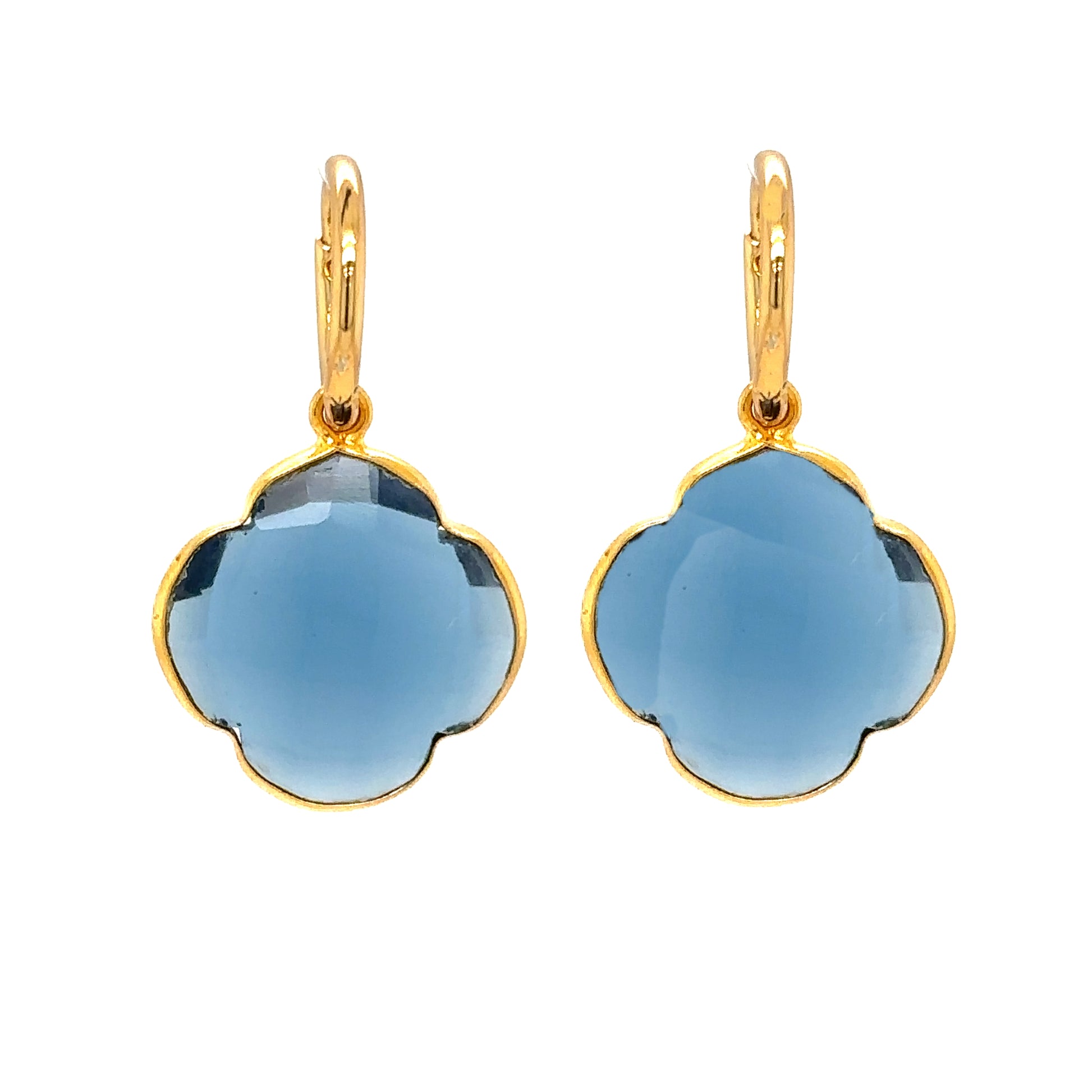 Delicate gold hoop earrings with lovely London Blue Topaz semi-precious gemstone clover shaped charms.