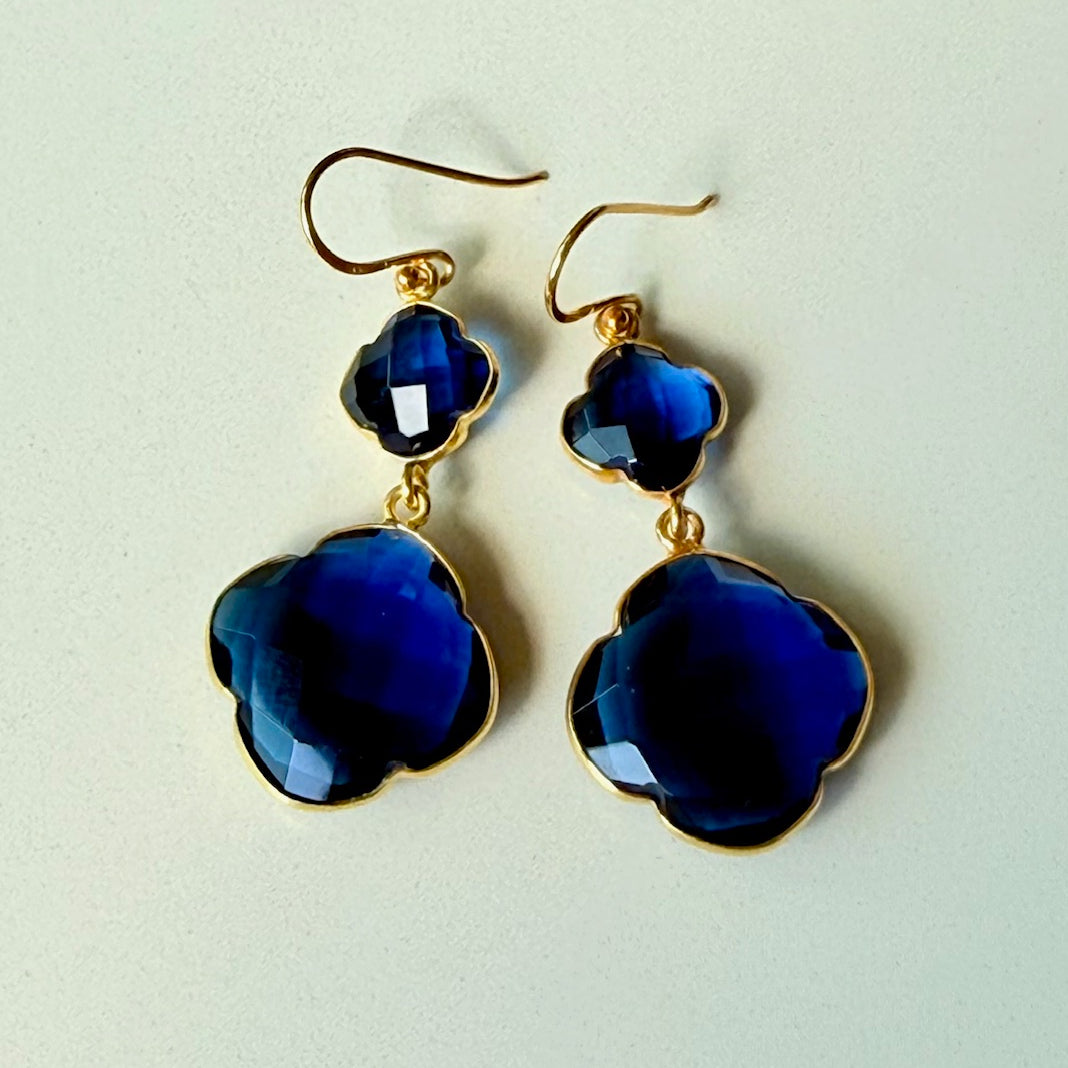 Big dangling earrings with two London Blue Topaz gemstone clover shaped charms