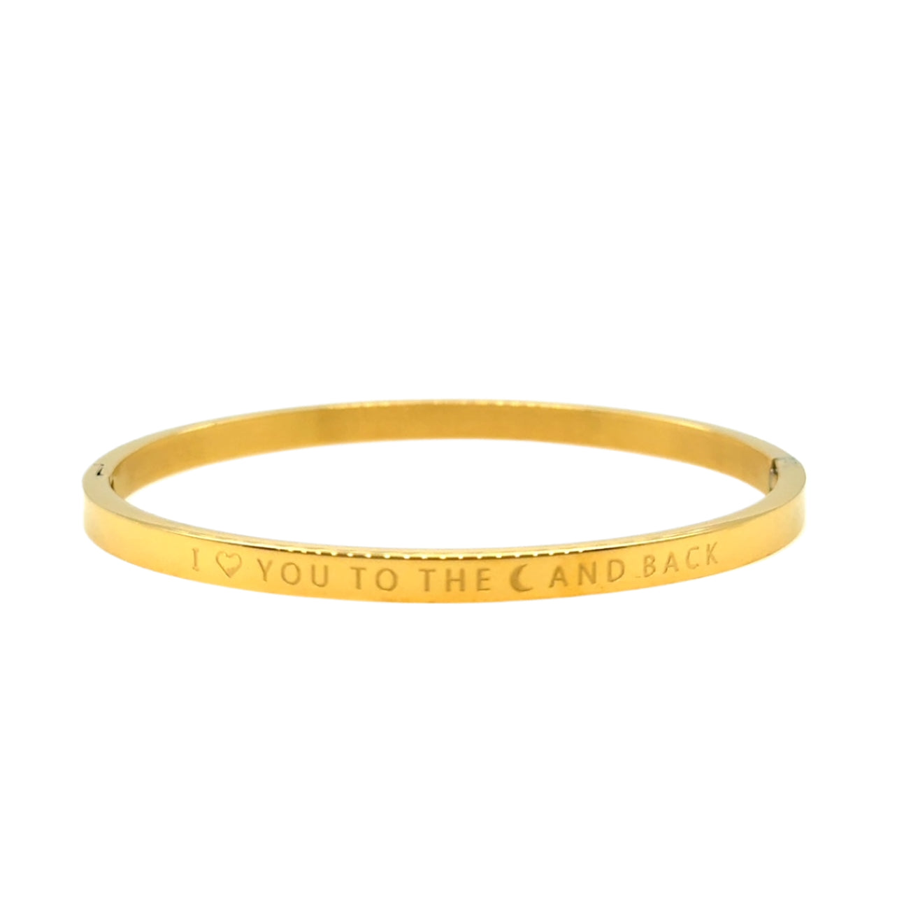 This bangle is made of gold plated stainless steel and is engraved with the phrase: I Love You to the Moon and Back