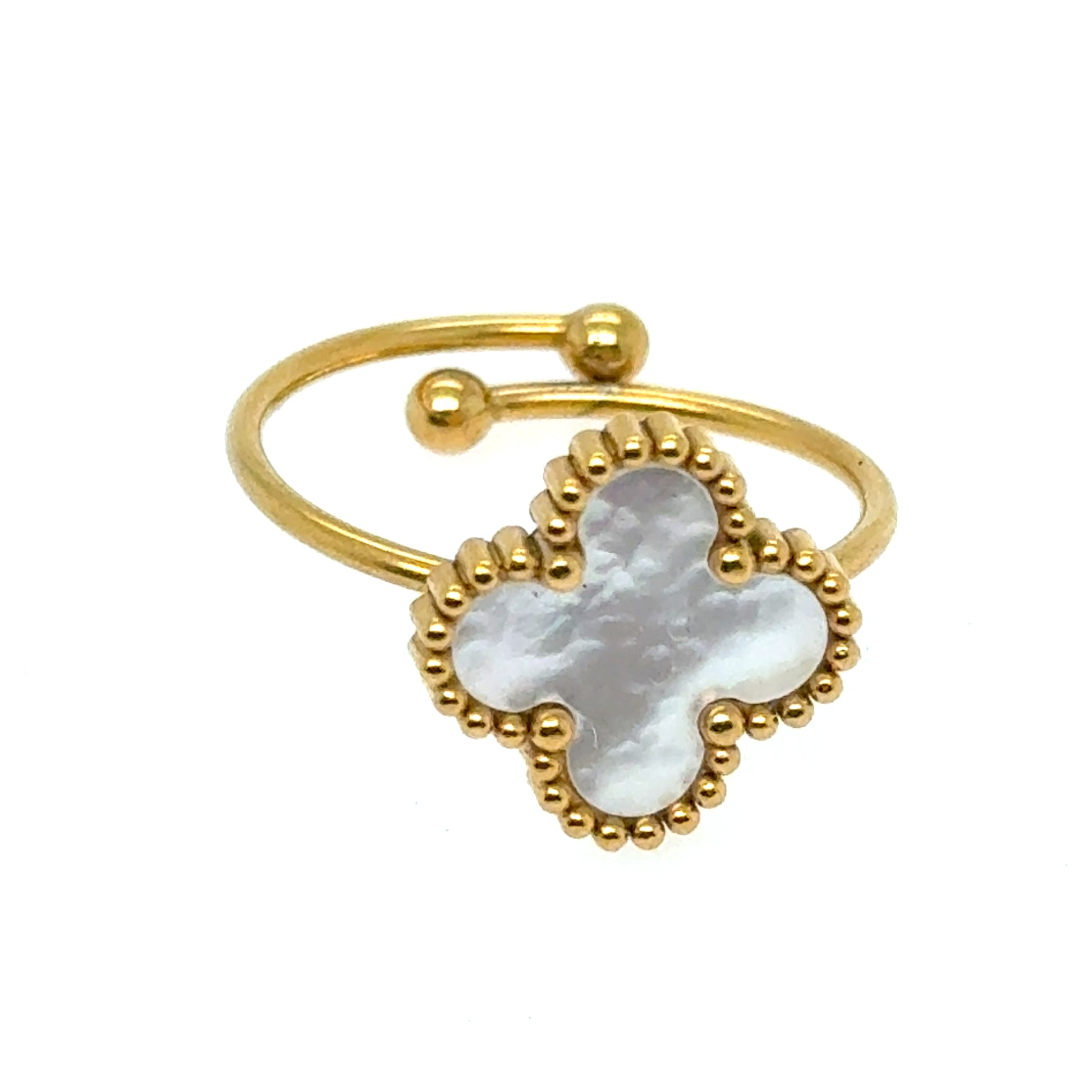 Adjustable gold ring with white Mother of Pearl clover design