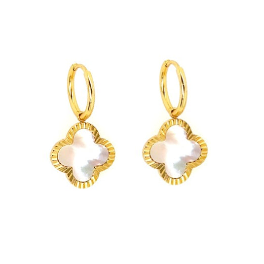 Delicate gold hoop earrings with large clover shaped mother of pearl shell charms