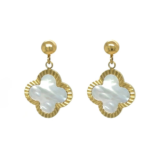 Gold stud earrings with dangling large clover shaped mother of pearl shell charms