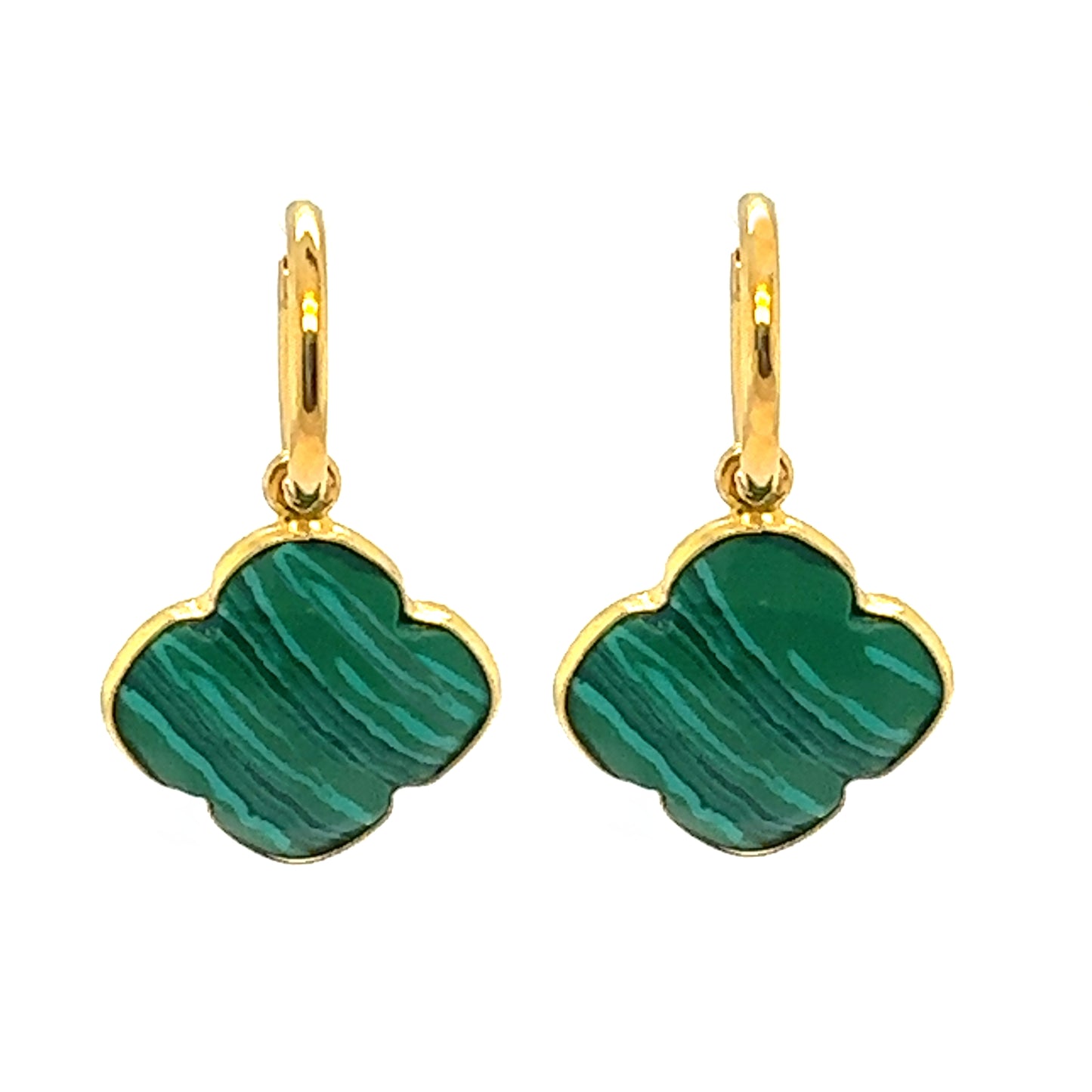 Delicate gold hoop earrings with exotic Malachite semi-precious gemstone clover shaped charms.