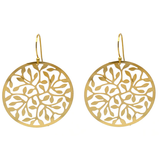 These medium floral patterned gold round earrings are made with 14 karat gold filled hooks