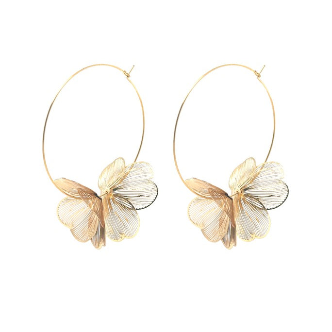 Large thin gold hoops with pretty mesh gold flowers