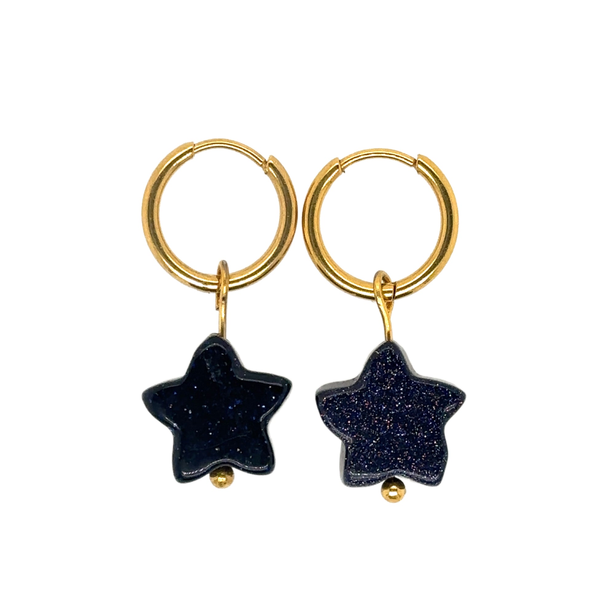 gold hoop earrings with one star-shaped flat stone charms in sparkly midnight blue