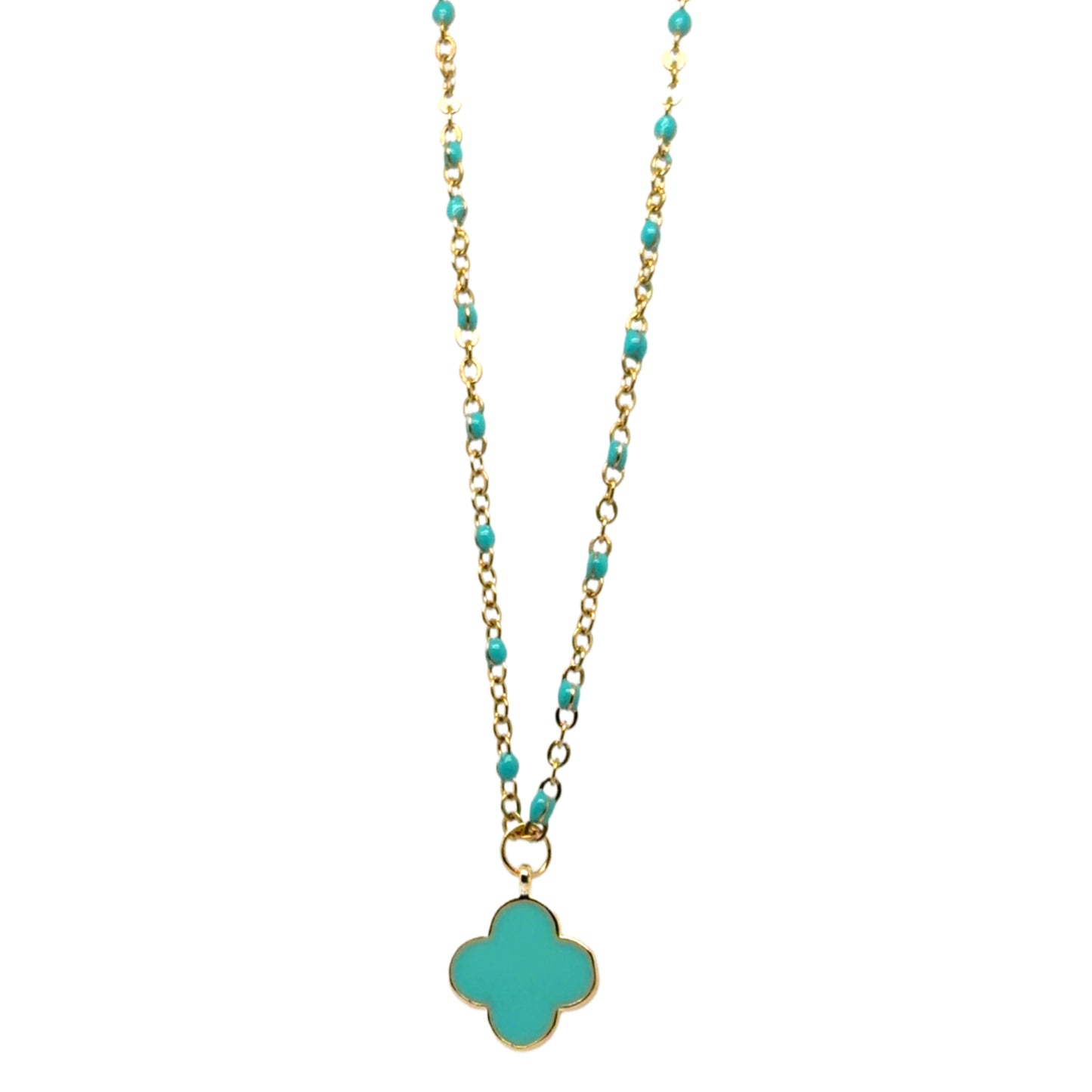 Necklace with turquoise clover pendant and turquoise beads on a gold chain against a white background