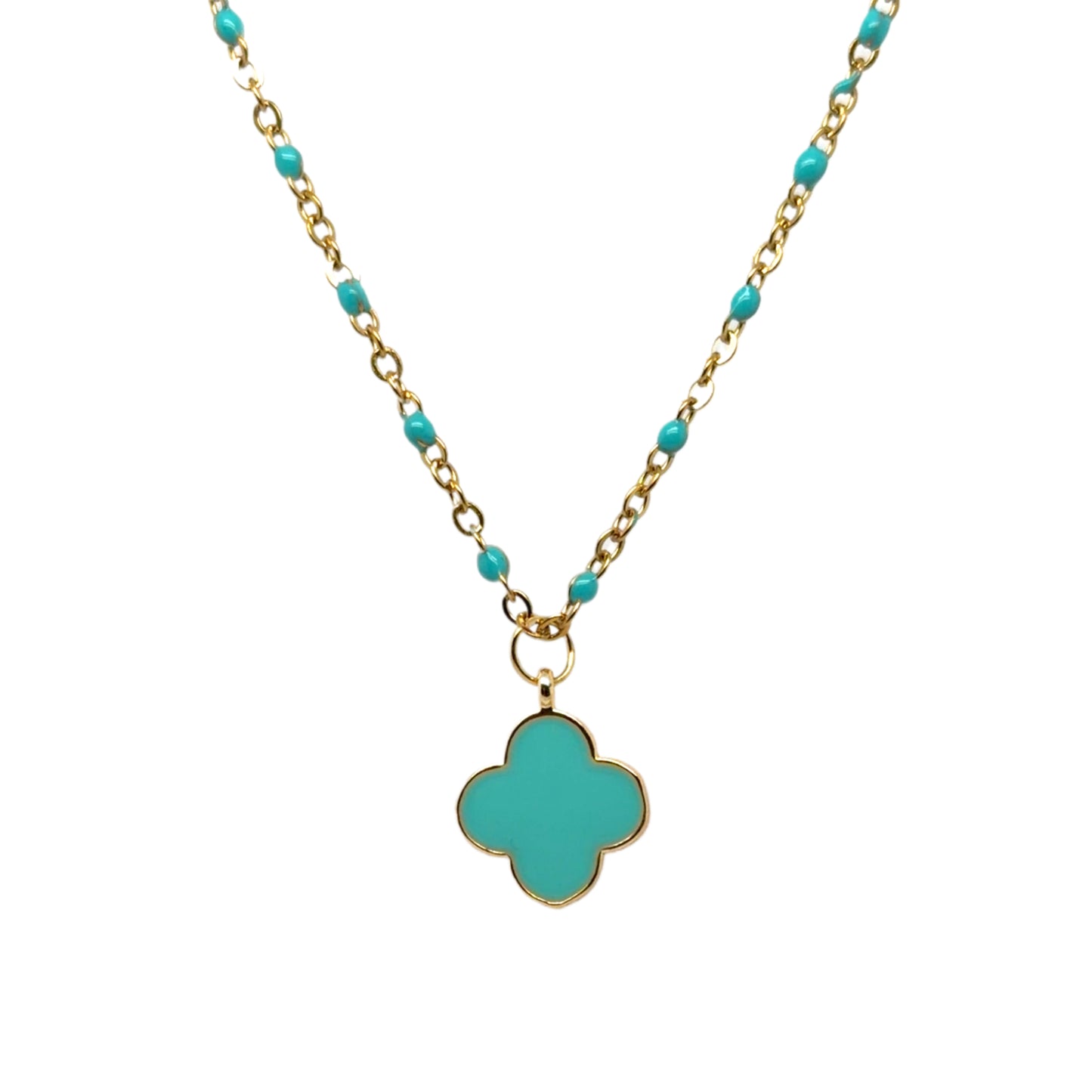 Mint green enamel and gold rosary chain with a dangling mint enamel clover charm
